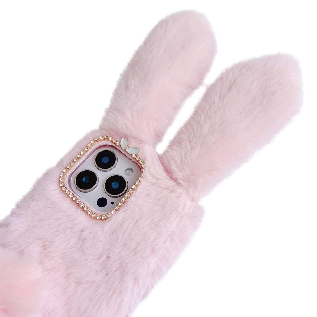 For iPhone 16 Pro Case Bunny Ears Furry Soft TPU Protective Phone Cover