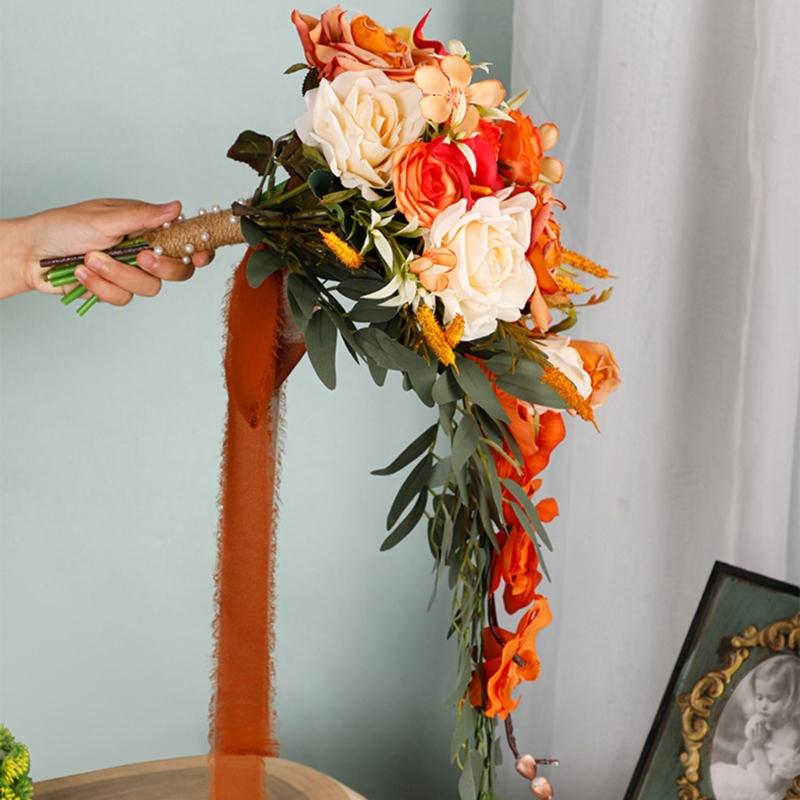 Exquisite Waterdrop Design Autumn Orange Flower Handheld Artificial Bouquet for Home Decoration and Events
