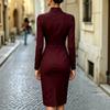 Women's Long Sleeve Bodycon Dress with Mandarin Collar and Wrap Front for Work and Party
