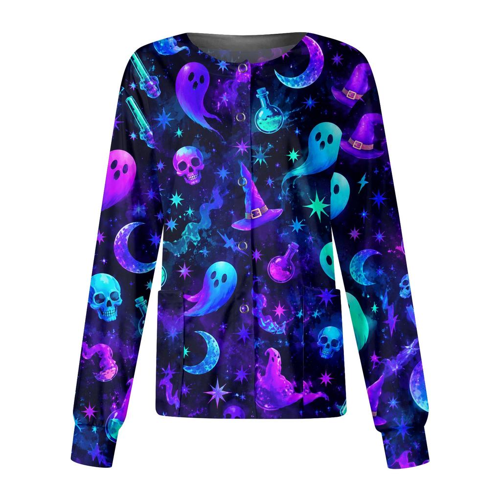 Women's Halloween Print Casual Long Sleeve Single Breasted Caregiver Cardigan Top Lightweight Comfortable Fit