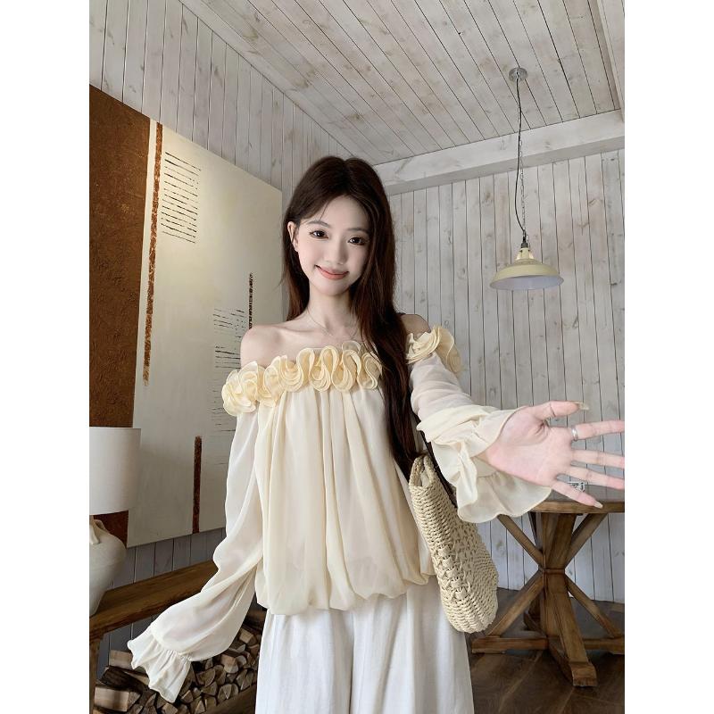 Сладкая асимметричная рубашка с длинным рукавом для женщин, новый дизайн, трехмерный цветочный топ S абрикосовый