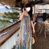 Seaside vacation floral suspender dress women's new French retro bohemian ethnic style beautiful medium and long dress
