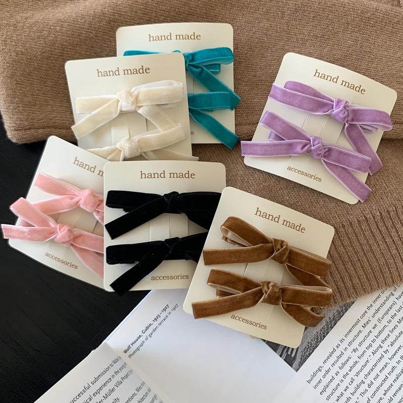 2Pcs Korean Colorful Velvet Bow Hairpin Hairgrip Hair Clips for Girls Women Vintage Long Ribbon Hair Clip Hair Accessories