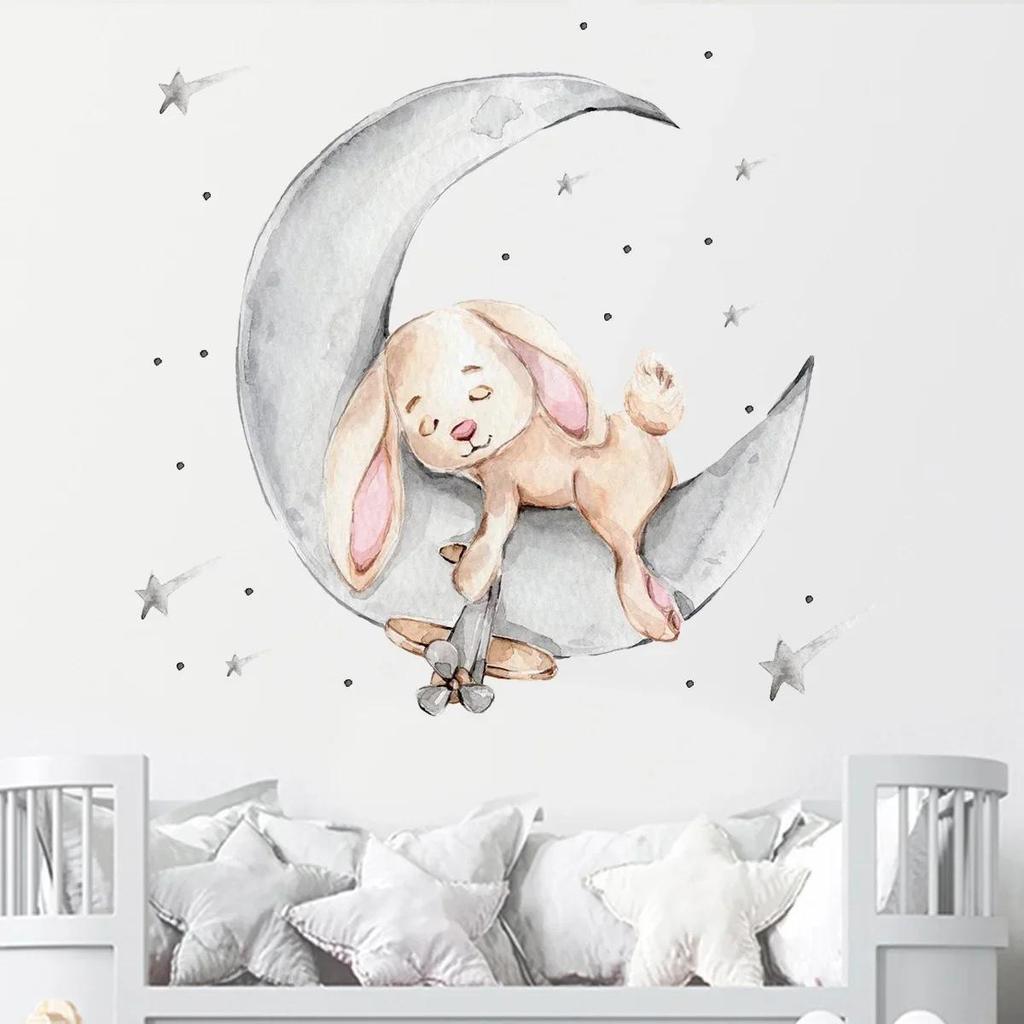 Cartoon Rabbit Sleeping On The Moon and Stars Wall Stickers for Kids Room Baby Room Decoration Wall Decals Room Interior