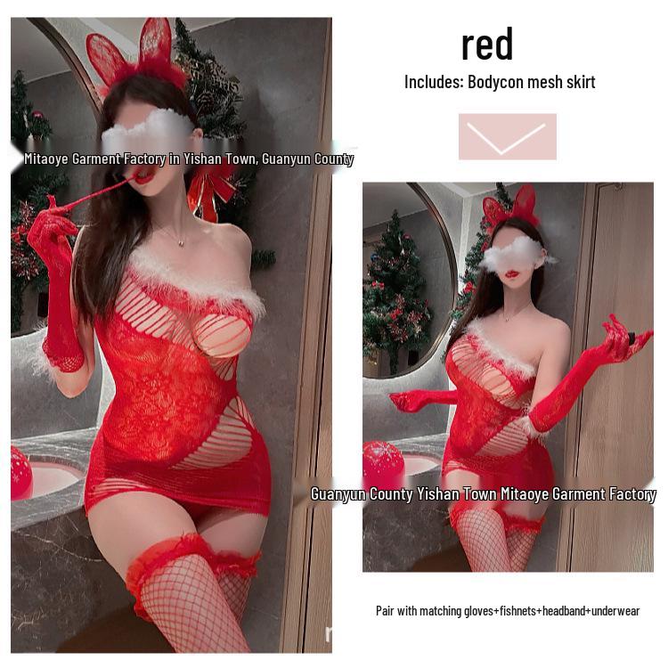 One-Shoulder Red Plush Christmas Bodycon Dress with Sheer Mesh Detail