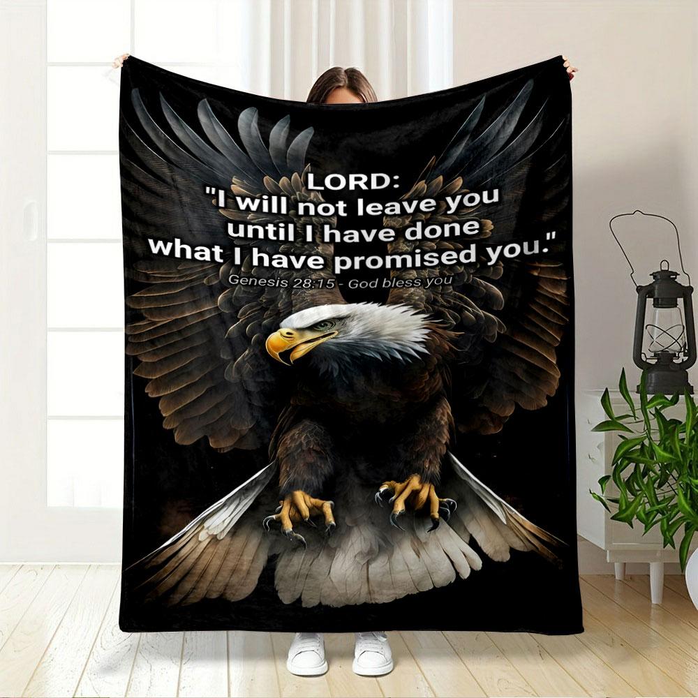 A majestic eagle with outstretched wings and a biblical verse overlay. for all seasons blanket lunch break throw gift