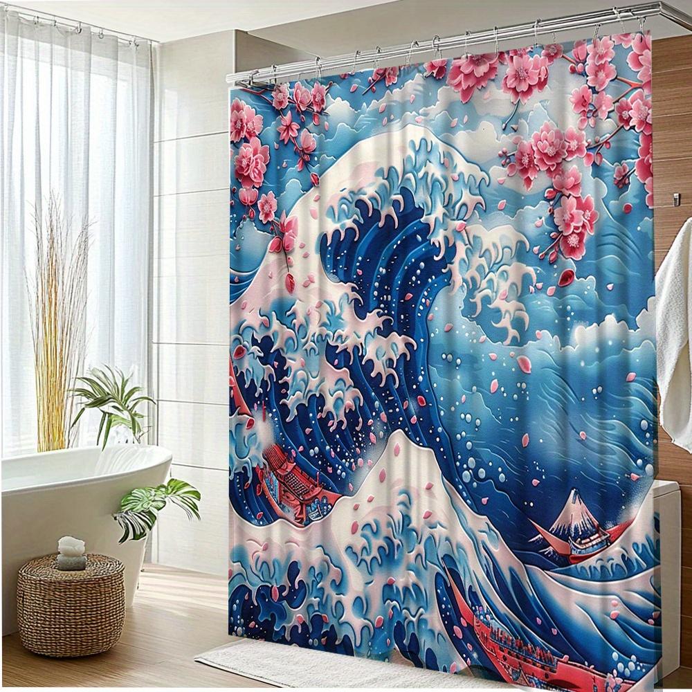 1pc Cherry Blossom Wave Shower Curtain - Stunning Japanese-Inspired Bathroom Decor, Polyester Fabric with 12 Hooks,
