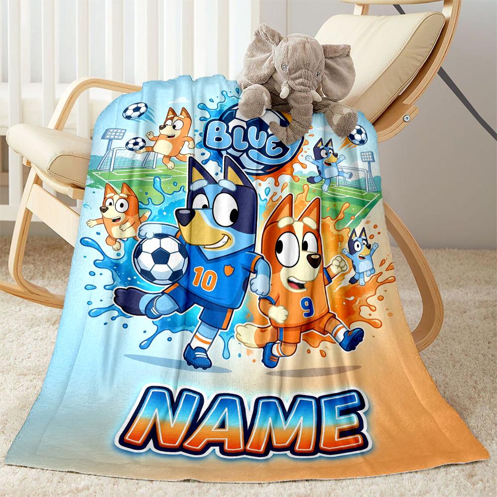Bluey's Soccer Fun Personalized Name Blanket Cozy Customizable Blanket Ultra-Soft Versatile for Home Decor Chair Office Livingroom for All Occasions