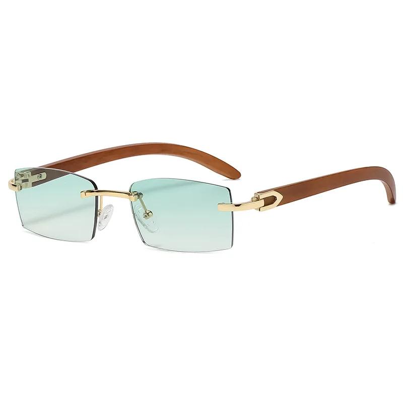 Rectangle Rimless Sunglasses for Women Men Retro Vintage 90s Gangster Trendy Wooden Frame Eyewear