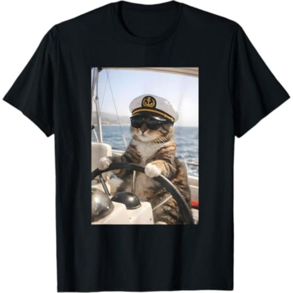 Funny Captain Cat Print T-Shirt Sailor Kitten on Boat Graphic Tee Round Neck Short Sleeve Tops for Summer