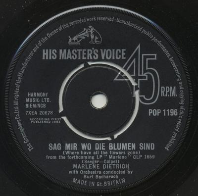 7-Zoll Schallplatte MARLENE DIETRICH - Sag Mir Wo Die Blumen Sind (Wo H POP1196 His Master's Vo 1963 UK Pop Gebraucht