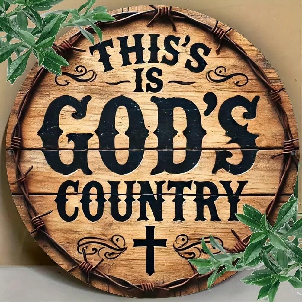 Rustproof Waterproof God's Country Round Metal Sign Home Wall Decor Coffee Shop Bedroom Gift