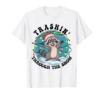 Trash Can In the Snow Cute Christmas Raccoon Santa Hat T-Shirt