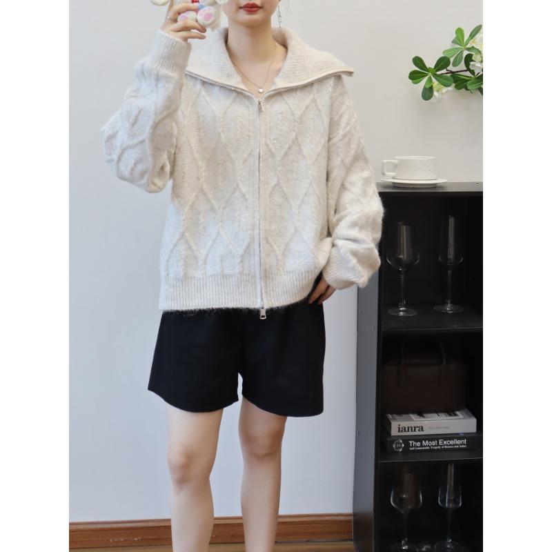 Autumn and winter new double zipper sequined high-end knitted cardigan loose casual versatile sweater jacket women