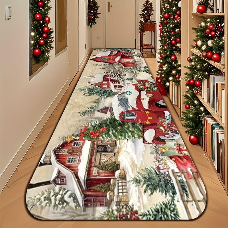 Christmas Runner Rug Red Truck Farm House Winter Scene Print Non Slip Washable Mat Hallway Entryway Winter Decor