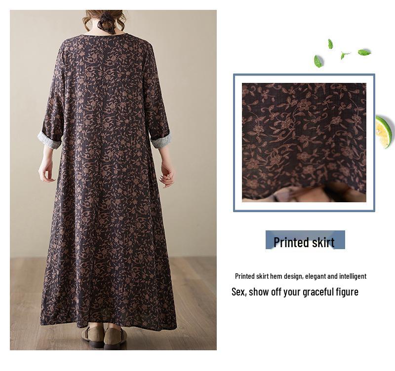 Plus Size Holiday Dress: Cotton & Linen Print, Round Neck, Loose Fit, Long Sleeve