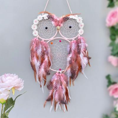 Rosa Eule Traumfänger Handgewebte Windspiele Wanddekoration Wohnzimmer Schlafzimmer Hängende Ornamente Festival Geschenke Wohnaccessoires