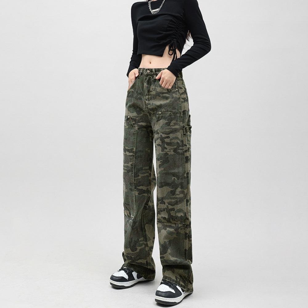 Trend camouflage tooling washed pants women's 2025 summer street hip hop loose wide-leg casual jeans