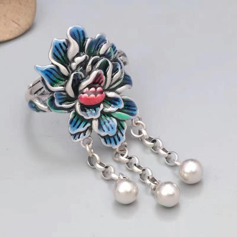S925 Sterling Silver Cloisonné Lotus Ring: Blue Retro Chinese Style Ethnic Jewelry