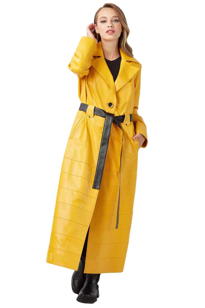 Handmade Women's Yellow Trench Coat Leather Genuine Lambskin Long Party Stylish