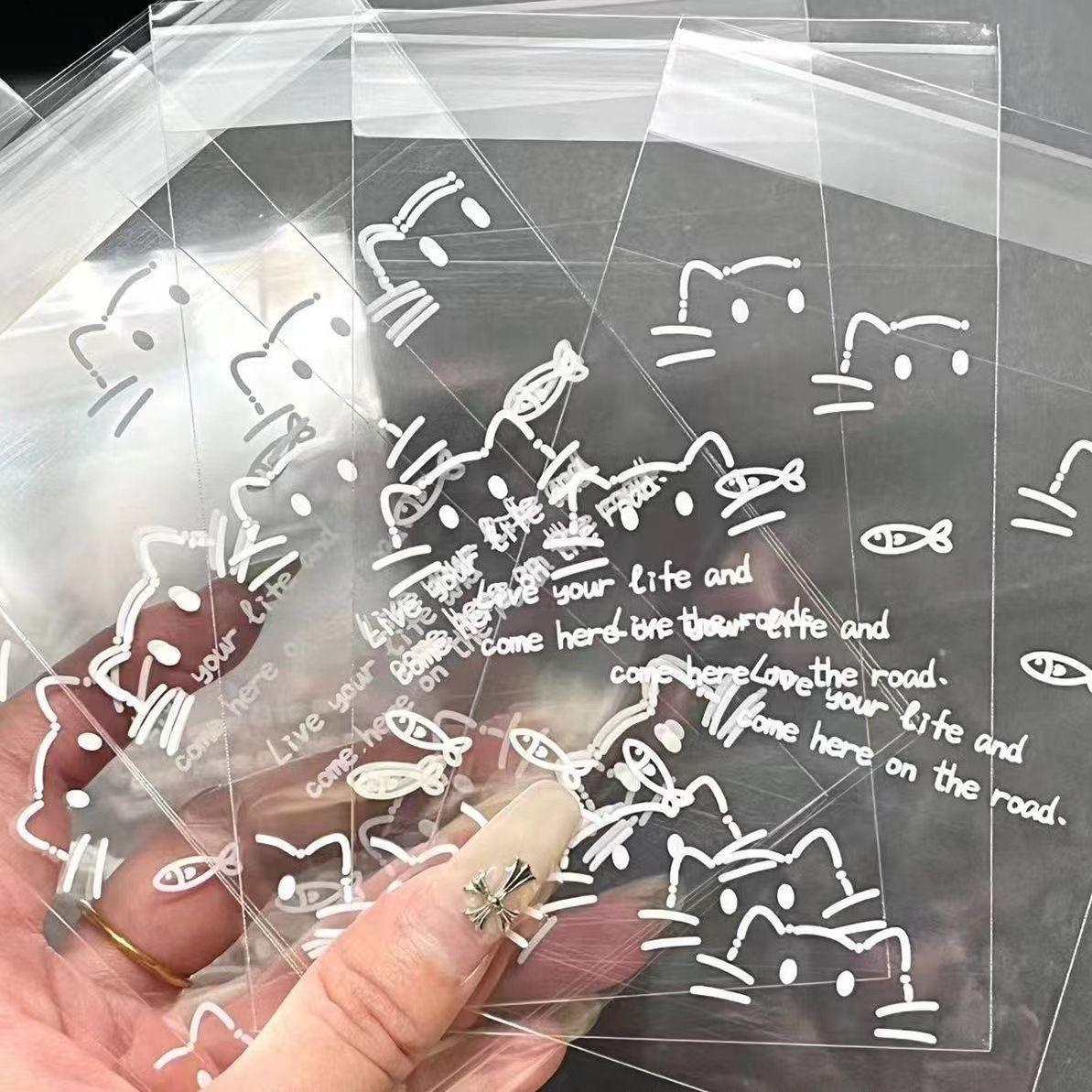 

50 шт. корейских INS милые цветные линии кошка карта самоклеящаяся Opp мешок Kpop Idol 3 дюйма фотокарта продажа карты декор DIY упаковка карман белый