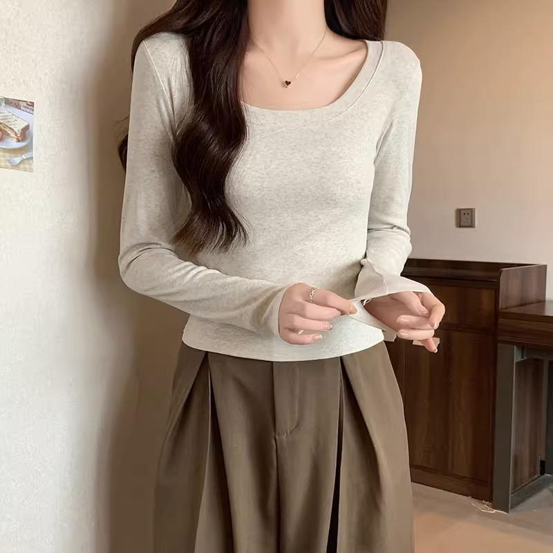 

Дизайнерская футболка с U-образным вырезом, узкими плечами, длинными рукавами, женская, весна-осень, новая, с высокой талией, открытой ключицей, сексуальный внутренний топ XL