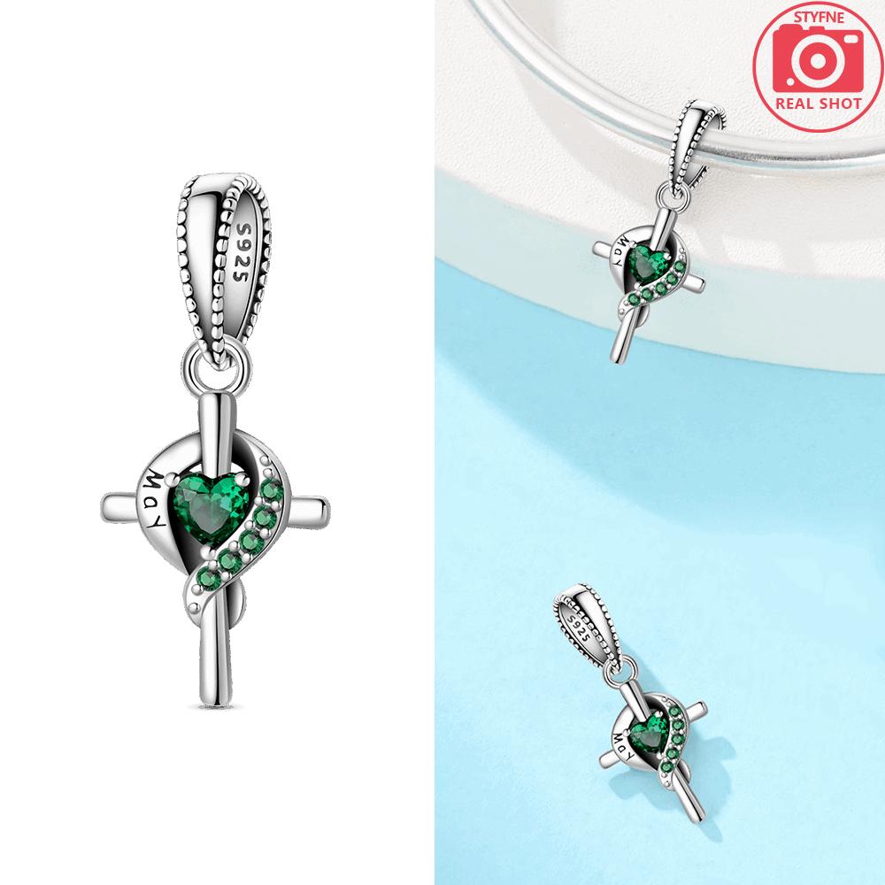 Women Pendant Original Red Zircon Birthstone Blue Gemstone Heart Cross Bead Fit Bracelet Copper Jewelry Accessory Charm Gift