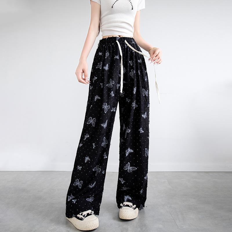 

Женские брюки с широкими штанинами из рваного ледяного шелка с принтом бабочек для лета, с высокой посадкой, драпирующиеся, повседневные, ленивые, слегка прямые, широкие штанины M
