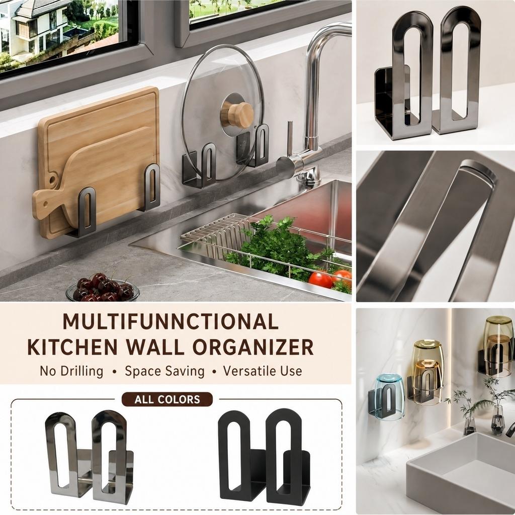 2 Pack Wall Mounted Pot Lid Rack, No Drilling Multifunctional Kitchen Storage for, Cutting Boards and Draining