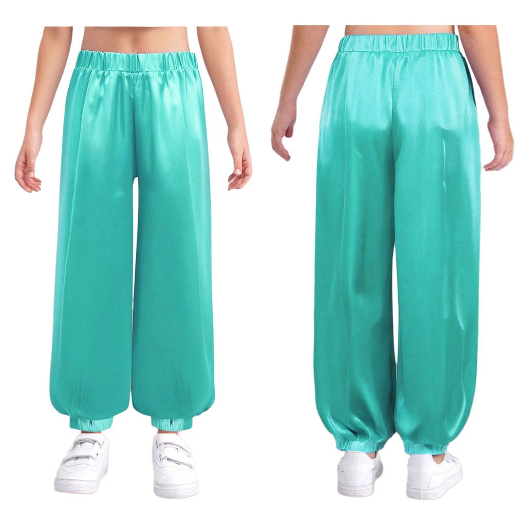 Girls Satin Bloomers Belly Dance Pants Elastic Waistband Loose Fit Solid Color Performance Outfit