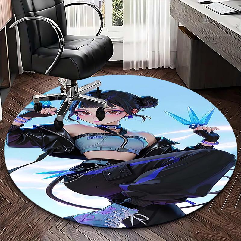 1 Stück Anime-Design Runder Teppich - Bürostuhlmatte mit Blauem Scheren-Aufdruck, Geeignet für Heimdekoration, Gaming-Zimmer