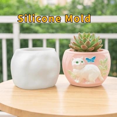 Cat Shape Silicone Flowerpot Mold Non-stick Soft Candle Cup Mold Handmade Eco-Friendly Planter Mold Desktop Ornaments