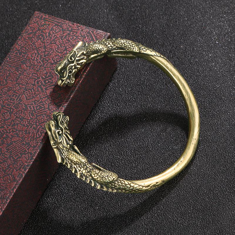 

Vintage Distressed Double Dragon Head Round Bar Bangle Chinese Trendy Solid Antique Brass Craft Cuff
