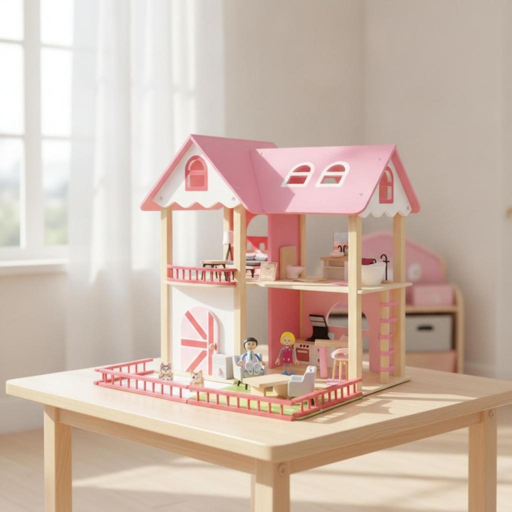 Pink Wooden Dollhouse | Multi-Level Open Layout, with Stairs, Toy, for
