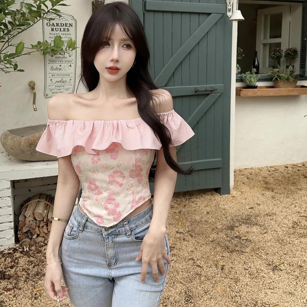 One Shoulder Blouse With Ruffle Hem Asymmetrical Design Short French Tea Top