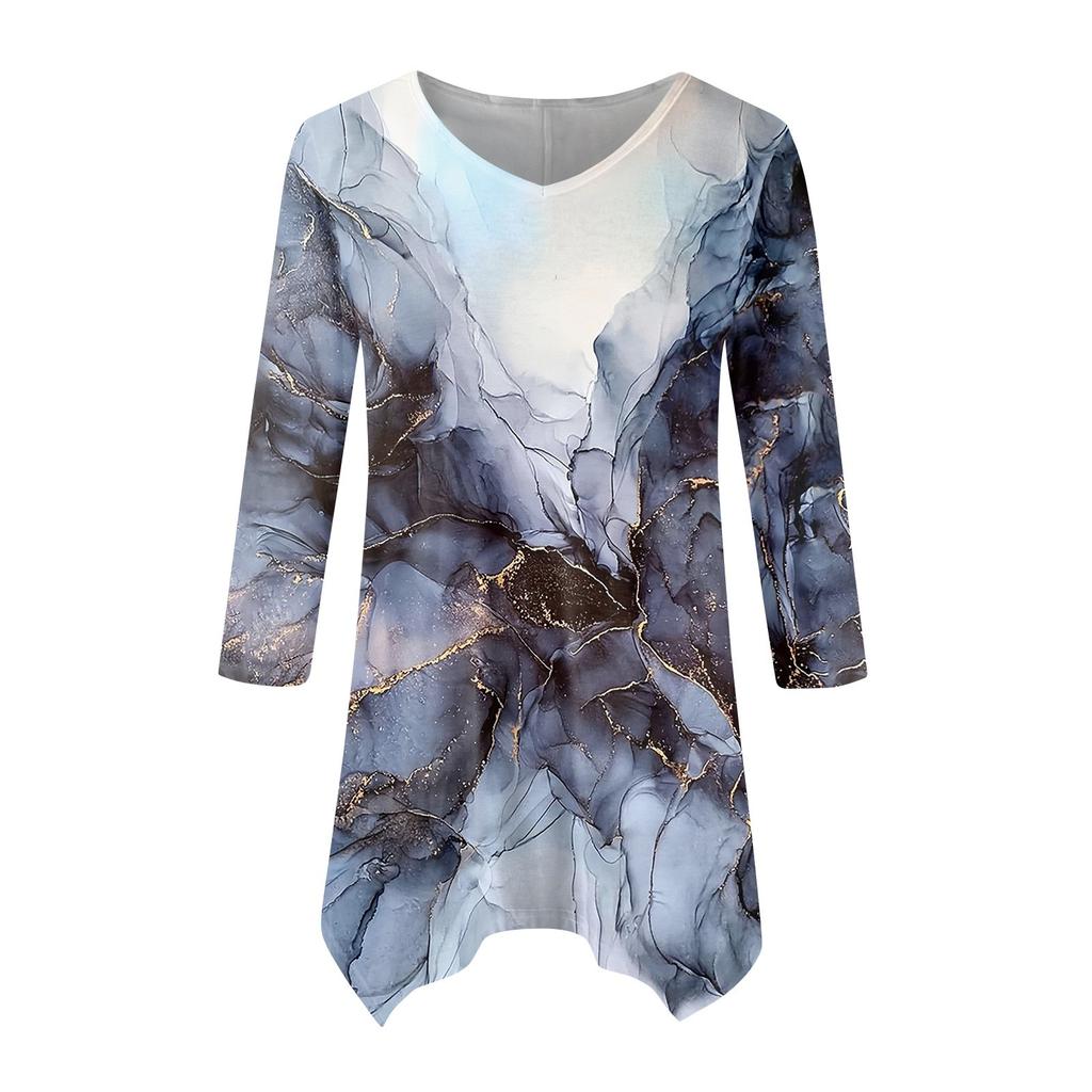 Moda Donna Casual Scollo a V Colore a Contrasto Stampato Manica a Sette Punti Camicia Cinturata Top Ampio Confortevole