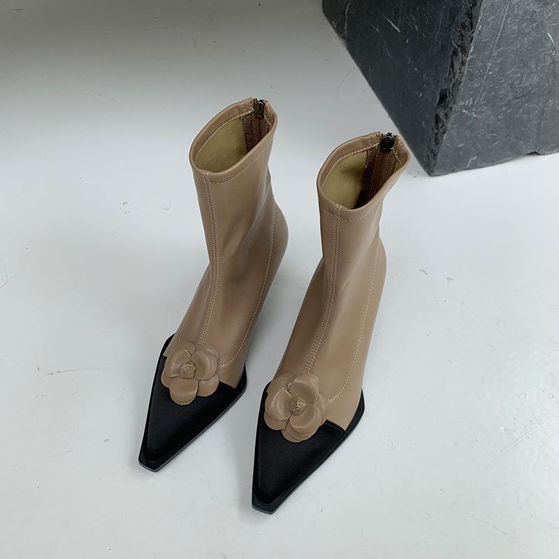 

2025 autumn and winter new European station French small flower high-heeled short boots women s pointed thin heel elastic thin boots 39 хаки