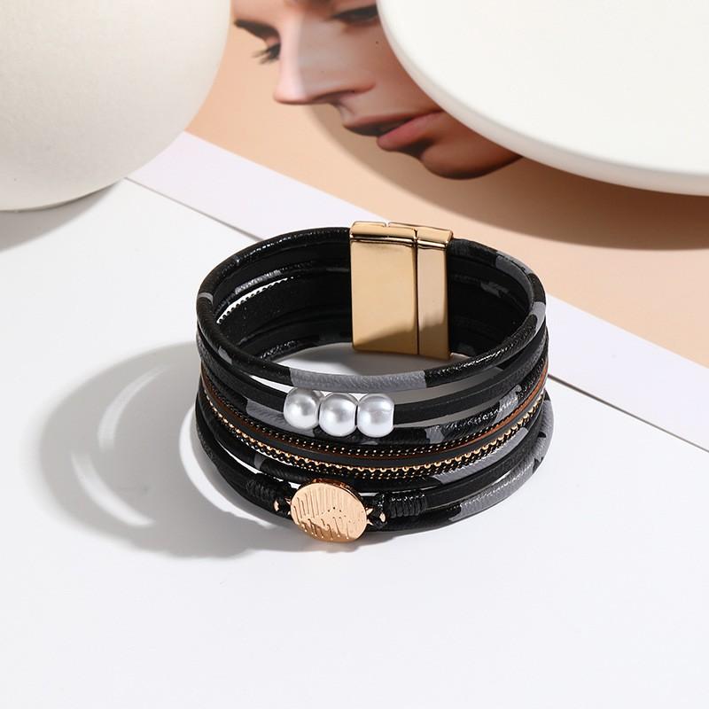 Layered Leopard Print PU Leather Bracelet Set With Imitation Pearl Magnetic Clasp Women Street Style Fashion Jewelry