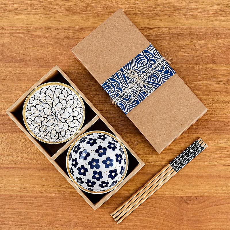 Ruhan Retro Floral Ceramic Bowl & Chopstick Gift Set