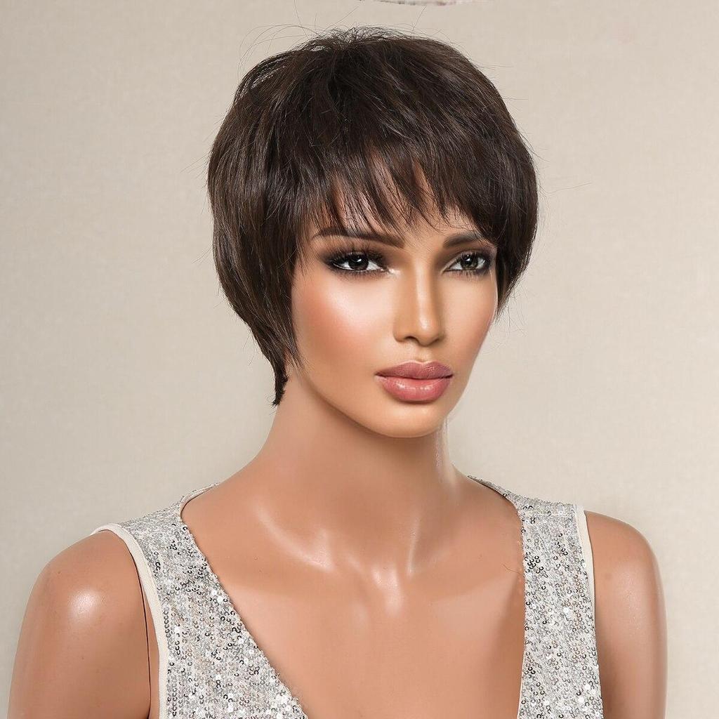 Kurze synthetische Perücken im Pixie-Schnitt, braun, natürlich, gerade, geschichtete Perücke für Frauen, Haarperücke für den täglichen Gebrauch, mit flauschigem Pony, hitzebeständig