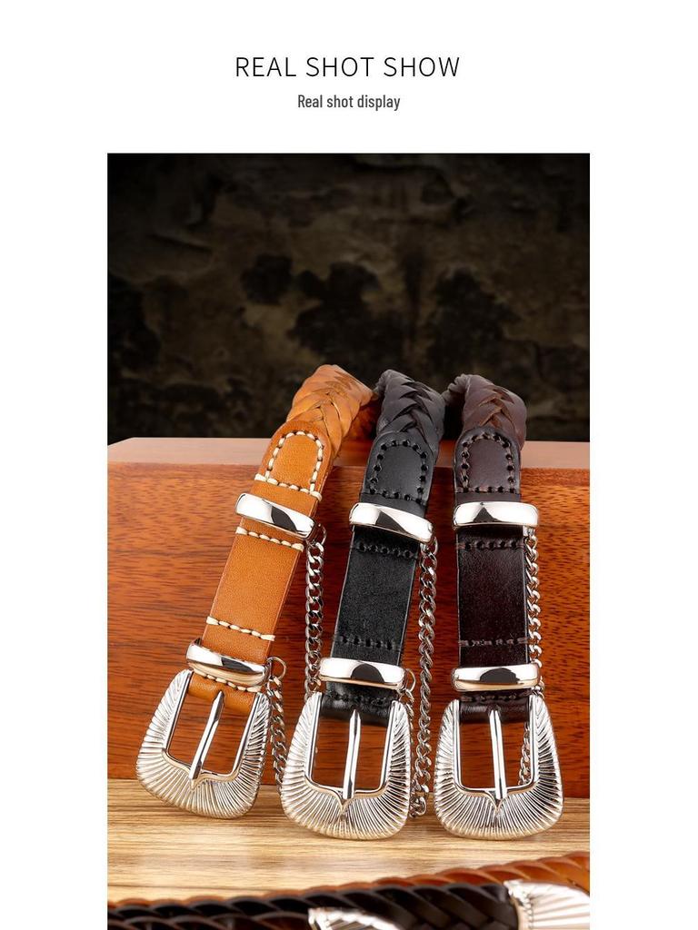 Women's Genuine Leather Woven Belt - Handmade, Punch-Free, Pin Buckle, Decorative Cowhide, In Stock
