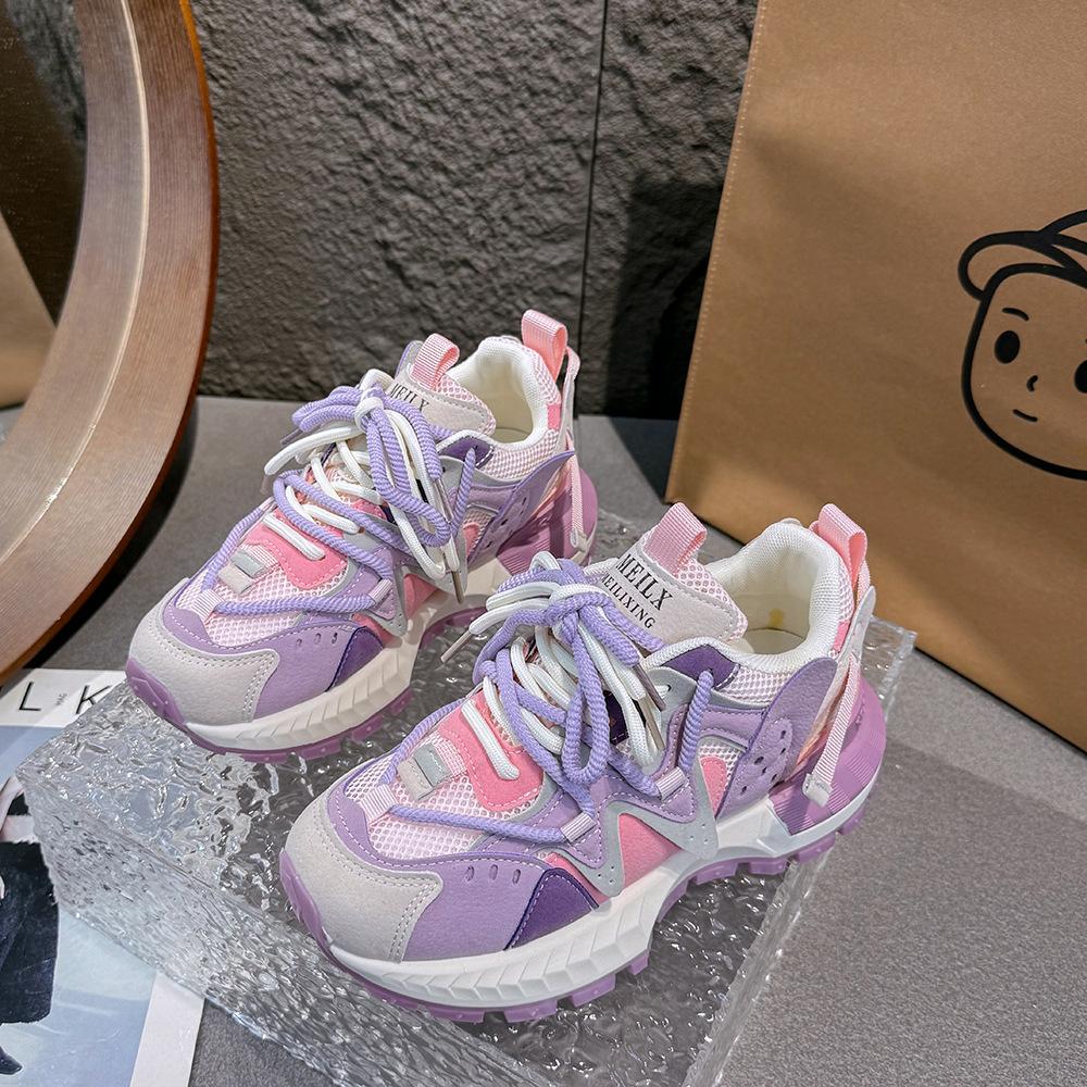 Damen klobige Sneaker Frühling Neu Atmungsaktives Mesh Mode Color Blocking Designerschuhe Trendig Vielseitig Freizeit Sportschuhe