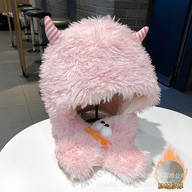 Cartoon Funny Thermal Ear Protection Hat Children Cute Horn Pullover Plush Hat Winter Fashion Versatile Cold Hat