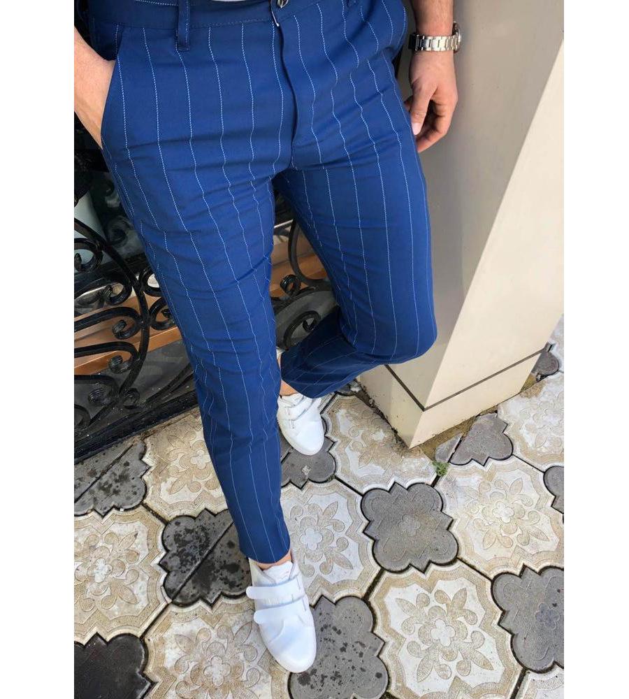 

2025 Men s Business Stripe Slim-Fit Digital Print Trousers 3XL синий