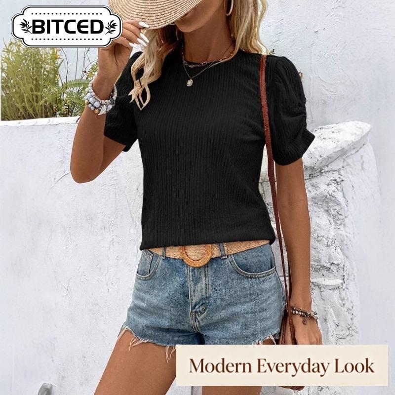 BITCED Women's Fashion Casual Solid Color Print Short Sleeve O-Neck Blouses & Shirts