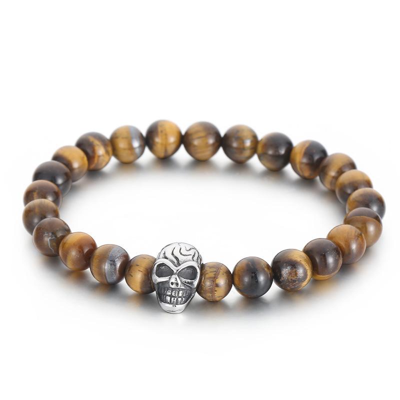 Brățară din mărgele lucrată manual de pin alb Punk craniu ochi de tigru cu mărgele de agat Brățară din oțel titan