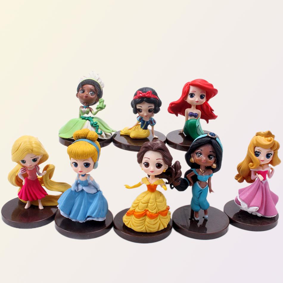 8 Peças/Conjunto Kawaii Princesa Q 9cm Rapunzel Branca de Neve Jasmine Mulan Ariel Figura de PVC Enfeites de Bolo Brinquedos Presente para Criança