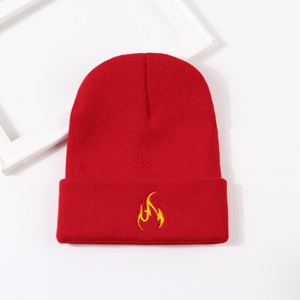 New Fashion Flame Embroidery Warm Knitted Hat Winter Couple Ear Protection Beanie