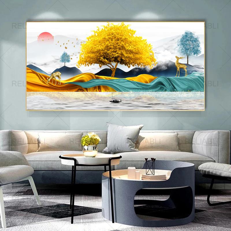 Modern Abstract Decorative Painting Deer Tree Ribbon Canvas Prints Wall Art Pictures for Living Room Light Luxury  Home Decor