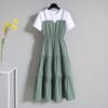 Vestido Midi Color Block Manga Curta Feminino Gola Redonda Cintura Ajustada para Namoro